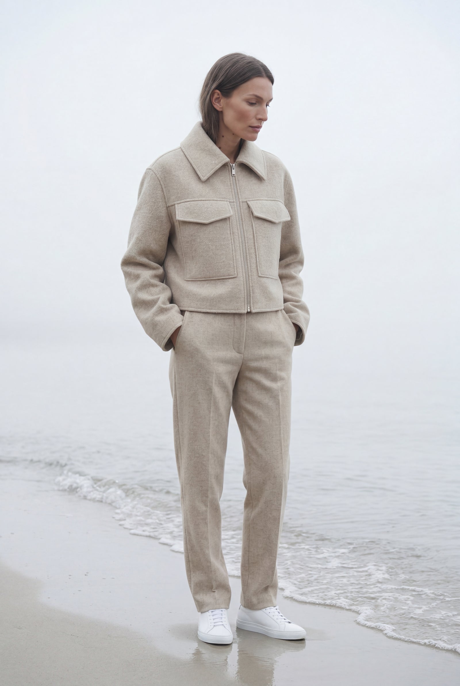 Beige Women's Boxy Cropped Zip Up Jacket with Flap Pockets - Photo 8