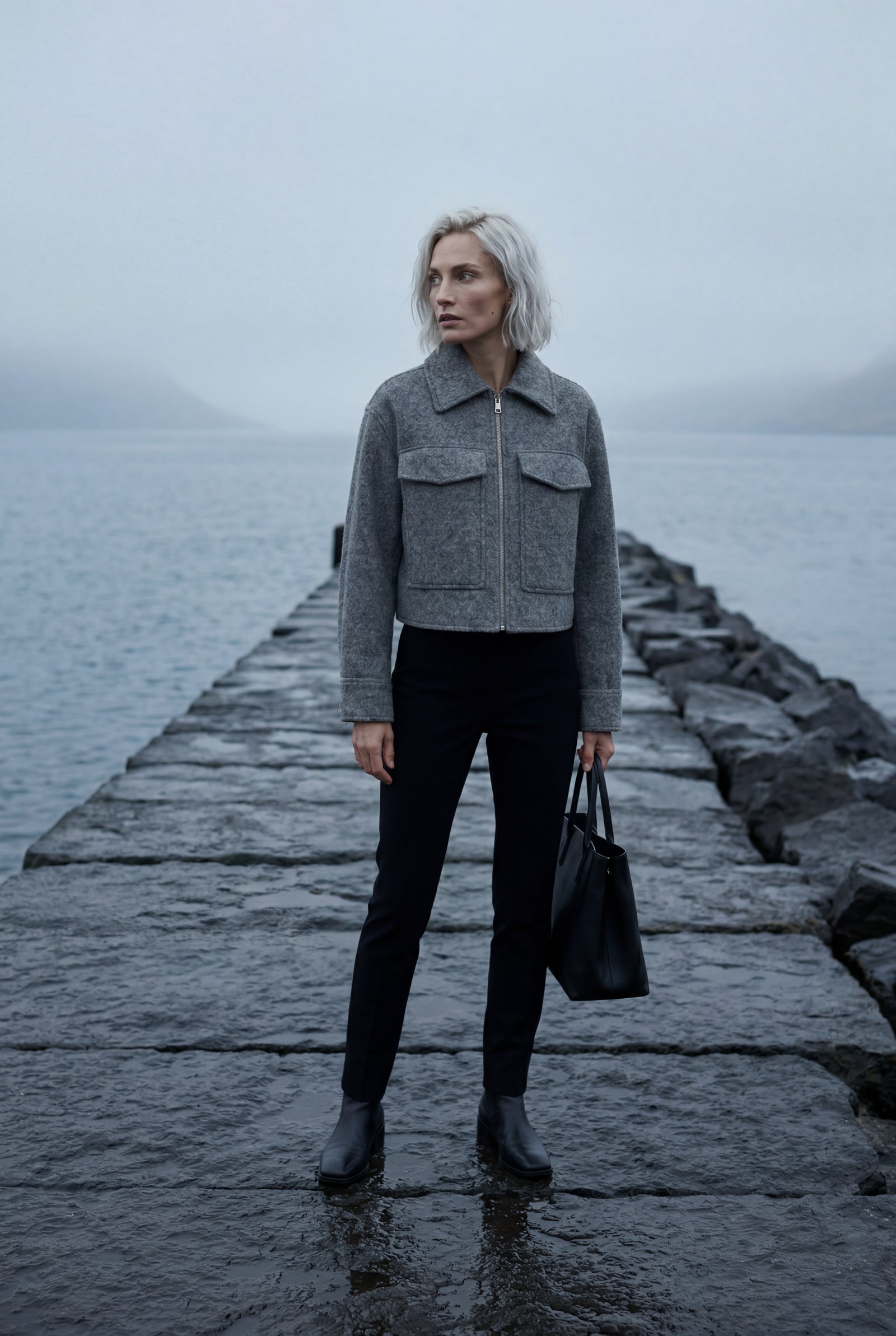 Gray Women's Boxy Cropped Zip Up Jacket with Flap Pockets - Photo 9