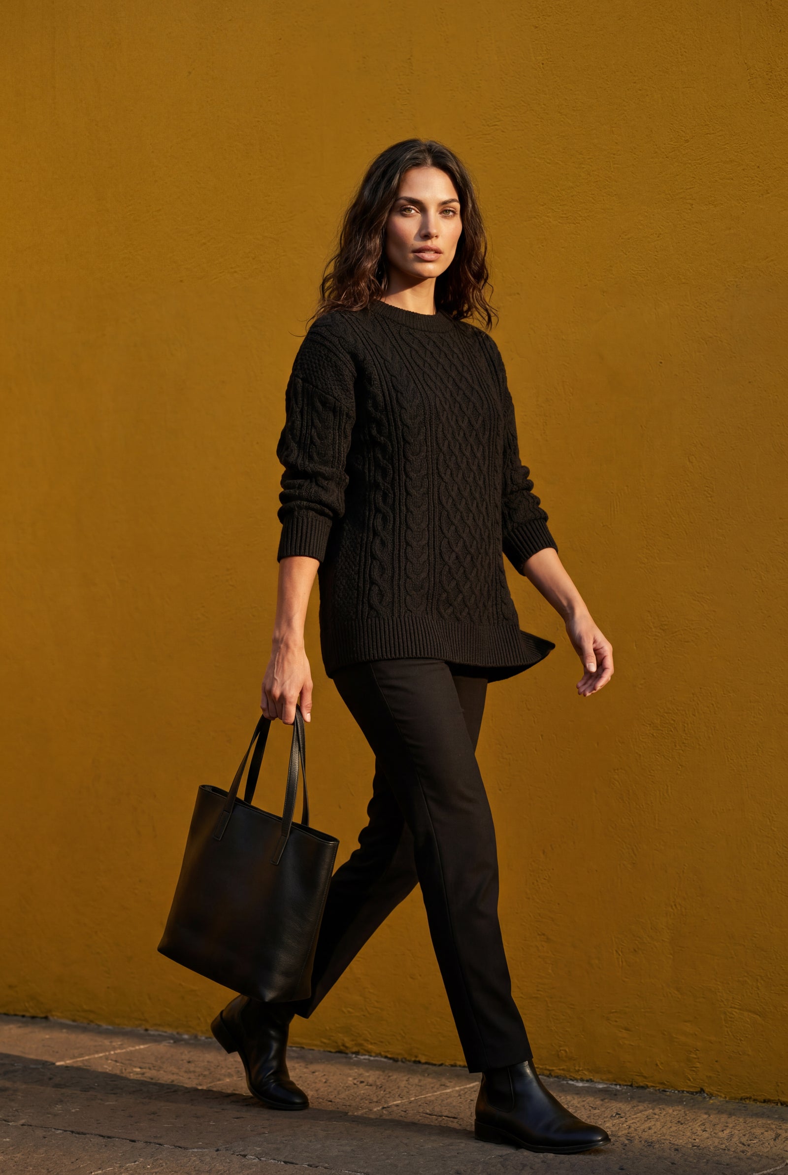 Black Women's Chunky Cable Crew Neck Sweater - Sweaters - Photo 11