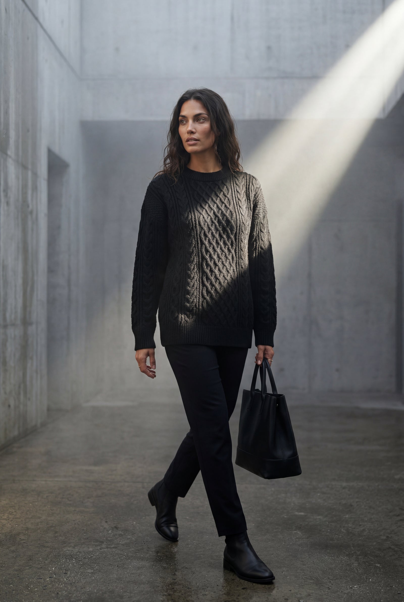 Black Women's Chunky Cable Crew Neck Sweater - Sweaters - Photo 14