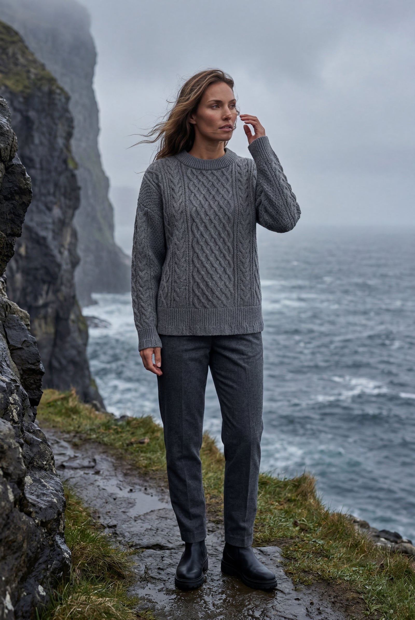 Gray Women's Chunky Cable Crew Neck Sweater - Sweaters - Photo 8