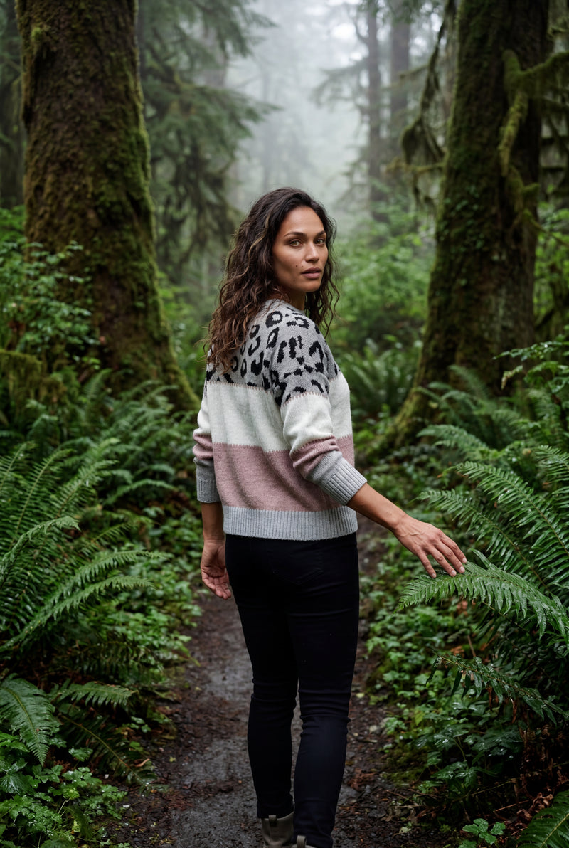 Pink Women's Color-Block Leopard Jacquard Crew Neck Sweater - Knitted sweaters - Photo 2