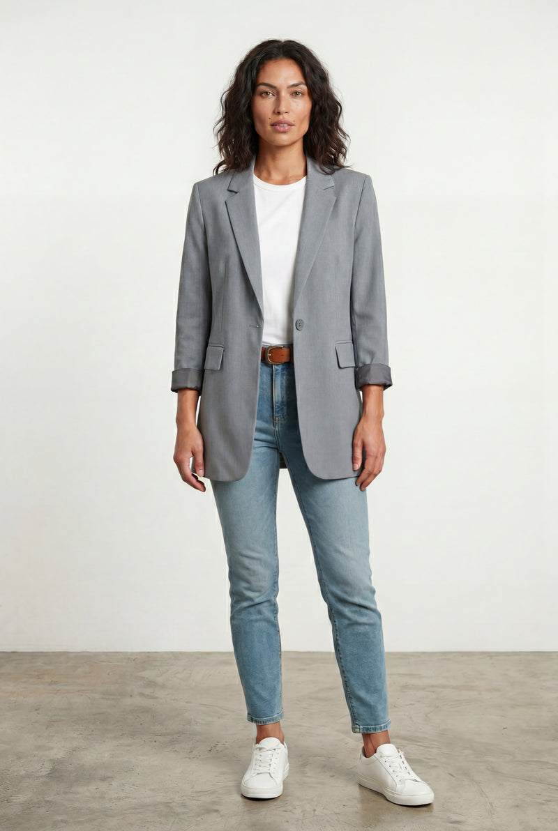 Gray Women's Relaxed Notched Lapel Single-Breasted Casual Blazer - Casual blazers - Photo 3