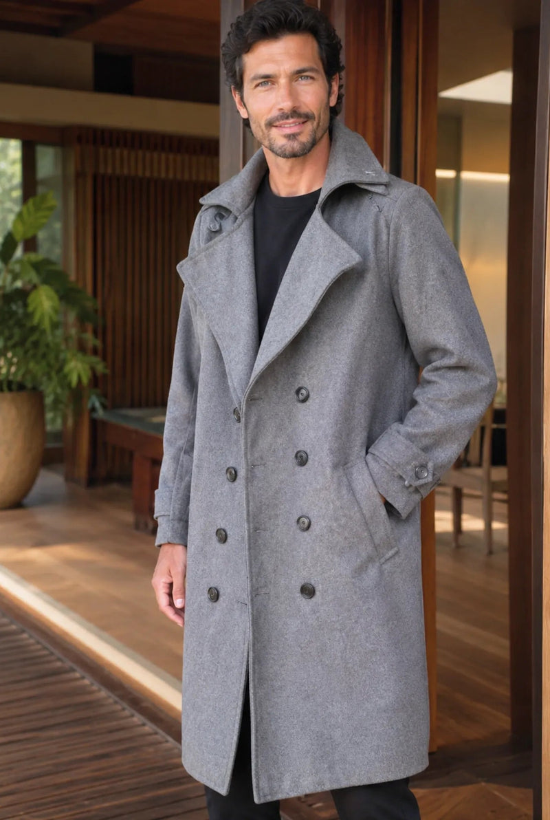 Wool-Blend Double-Breasted Overcoat in Gray — front view