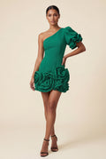 Green Asymmetrical One-shoulder Mini Dress with 3d Rosette Hem - Cocktail dress - Photo 13