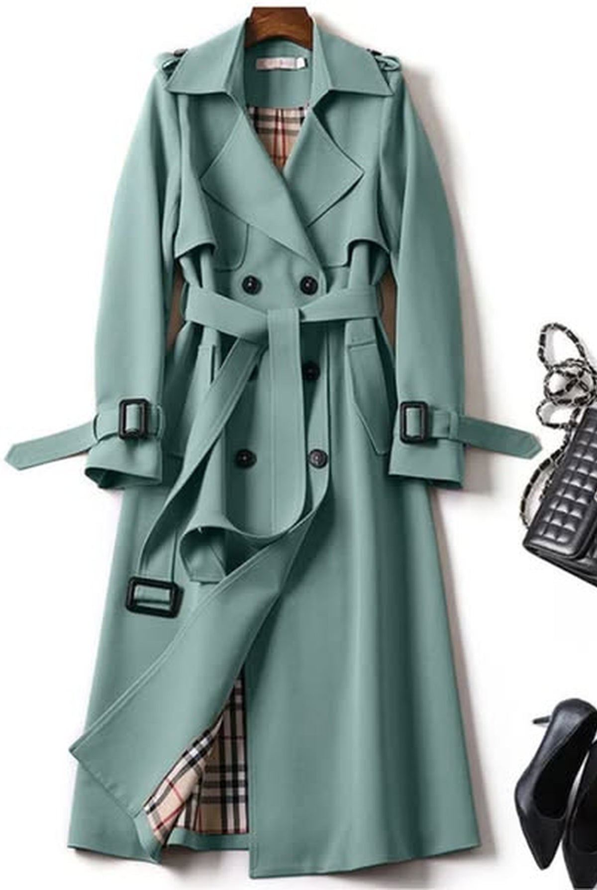 Belted Trench Coat in Green — front view