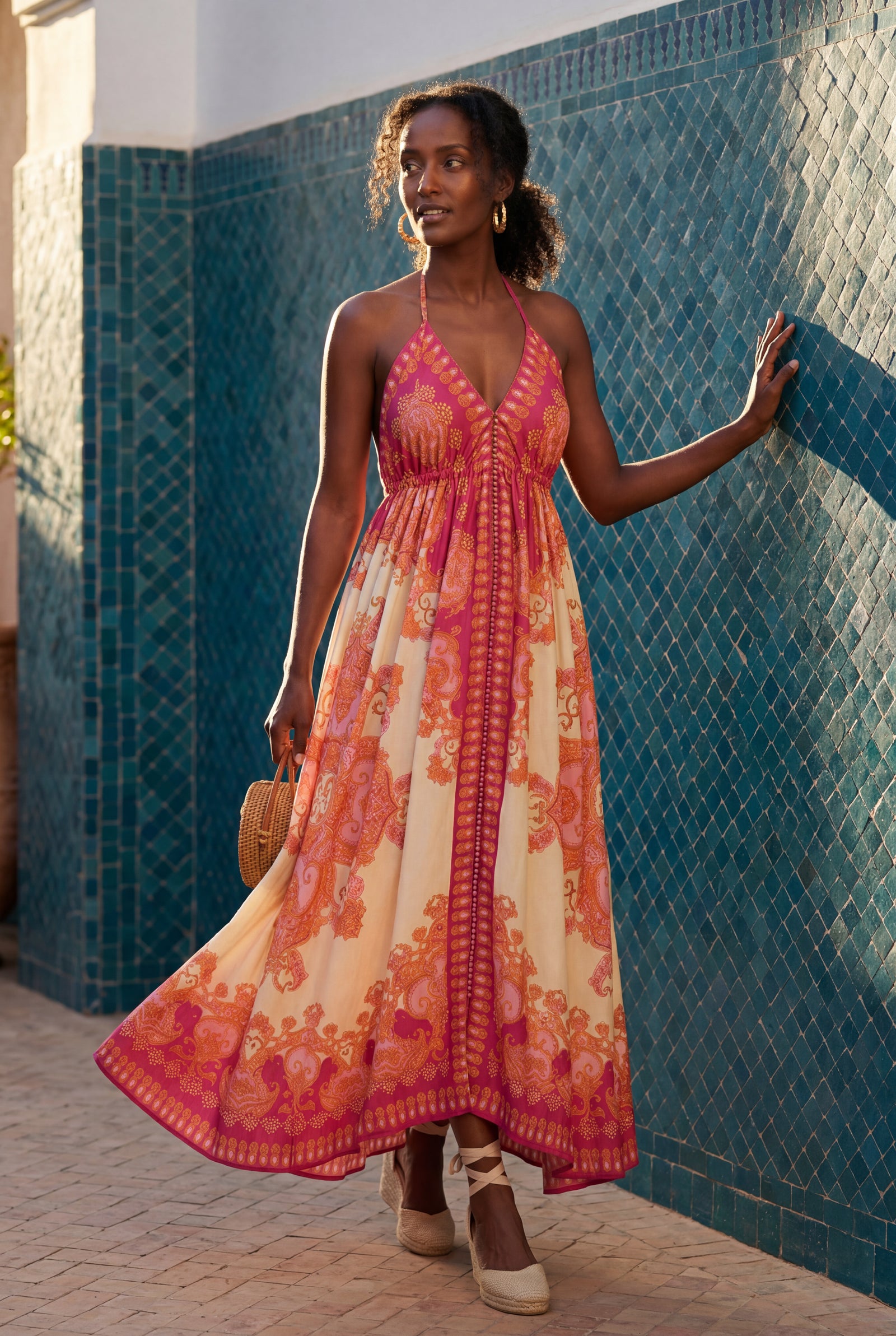 Red Boho Handkerchief Hem Halter Maxi Dress with Open Back - Photo 8