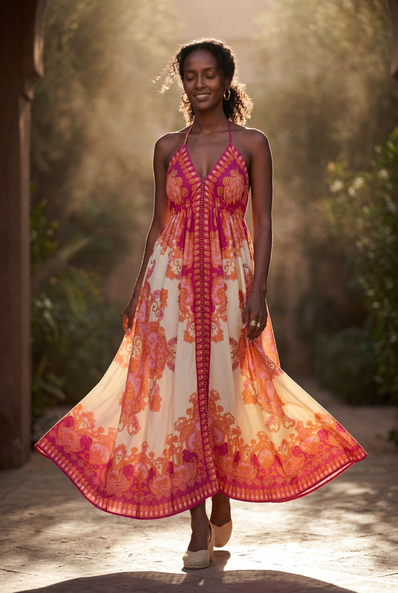 Red Boho Handkerchief Hem Halter Maxi Dress with Open Back - Photo 10