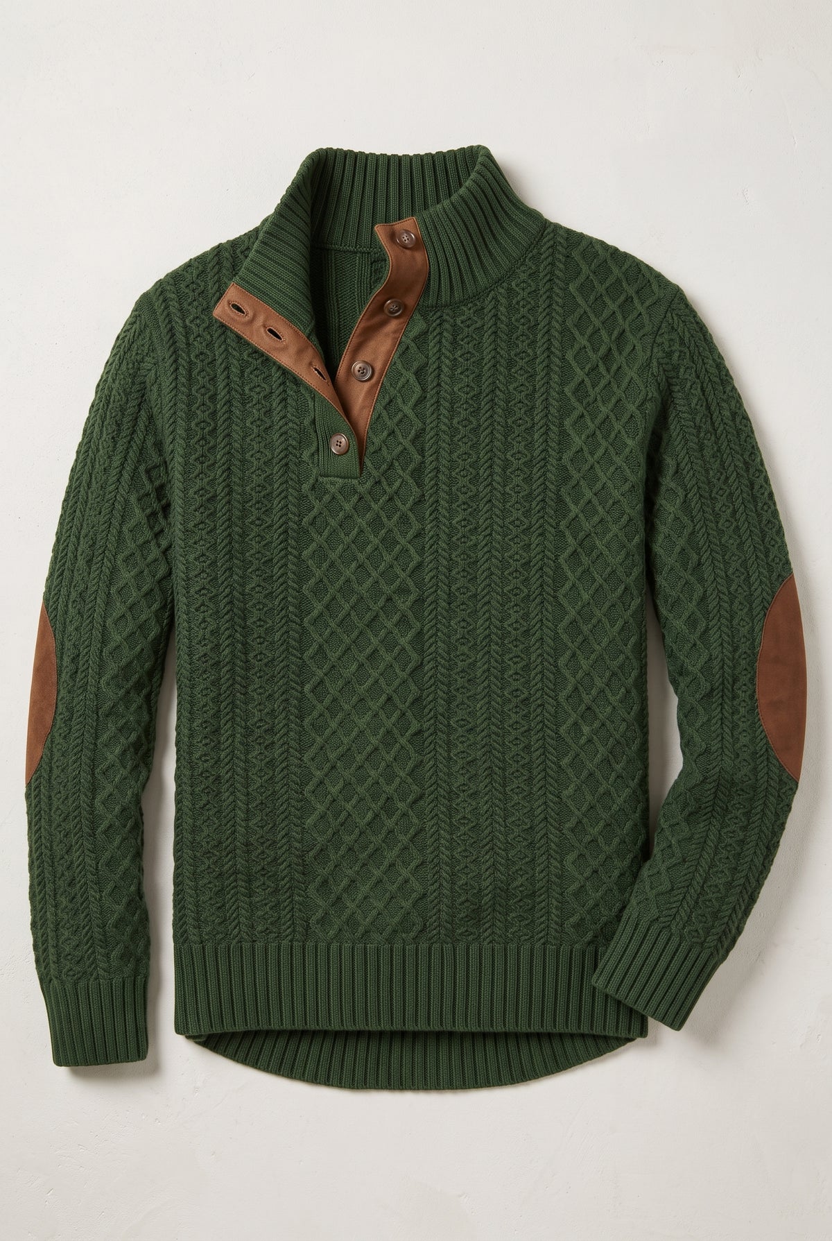 Cable Knit Quarter-Button Sweater in Green — studio front