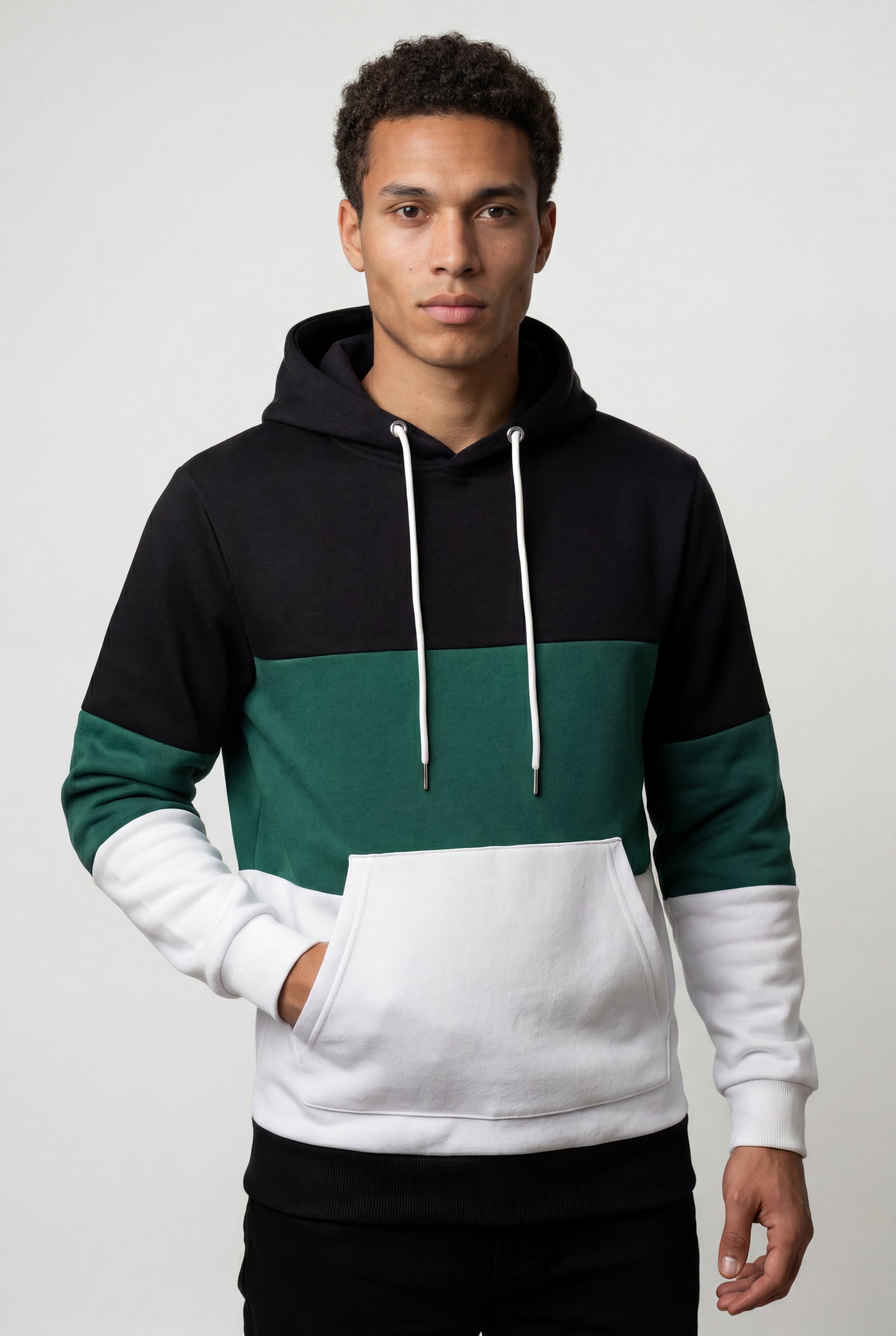 Green Color Block Pullover Hoodie with Kangaroo Pocket - Color block hoodie - Photo 2