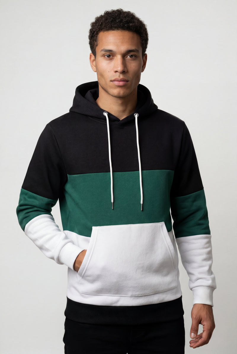 Green Color Block Pullover Hoodie with Kangaroo Pocket - Color block hoodie - Photo 2