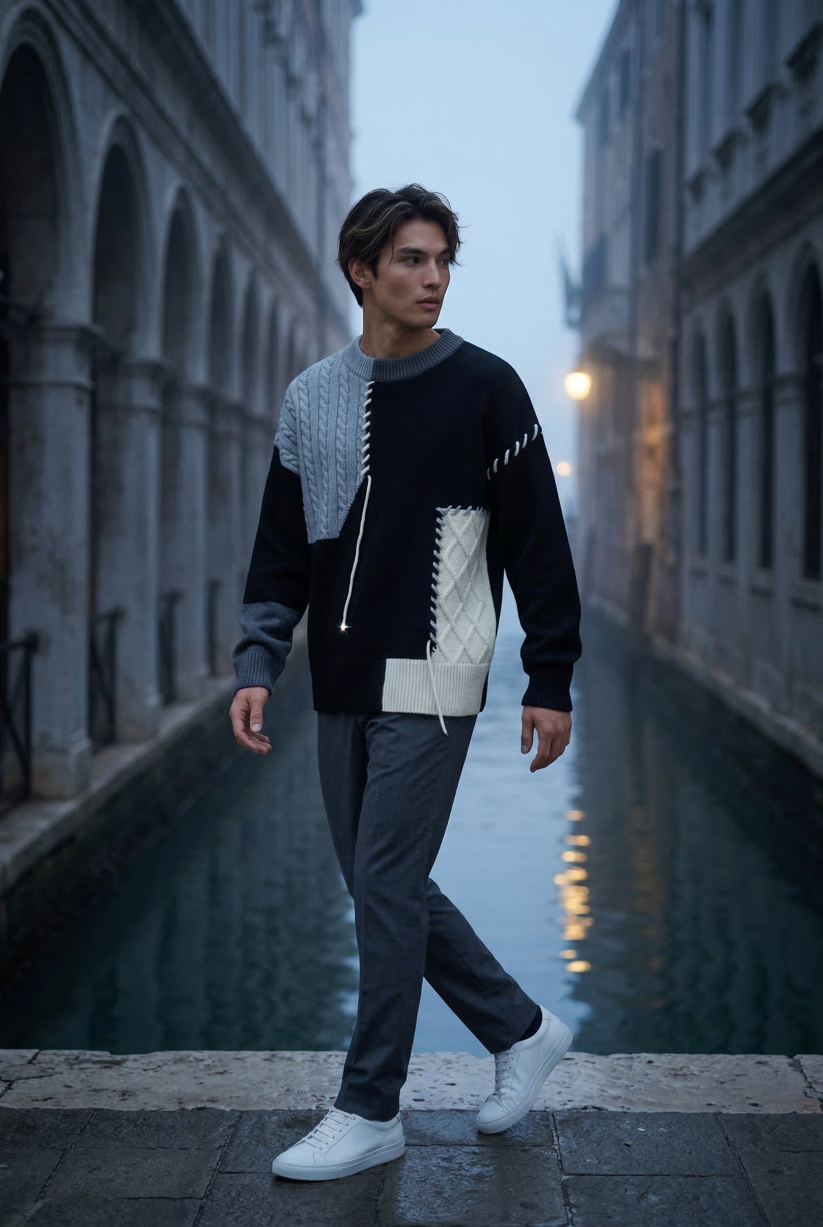 Black Colorblock Patchwork Textured Crewneck Sweater - Photo 6