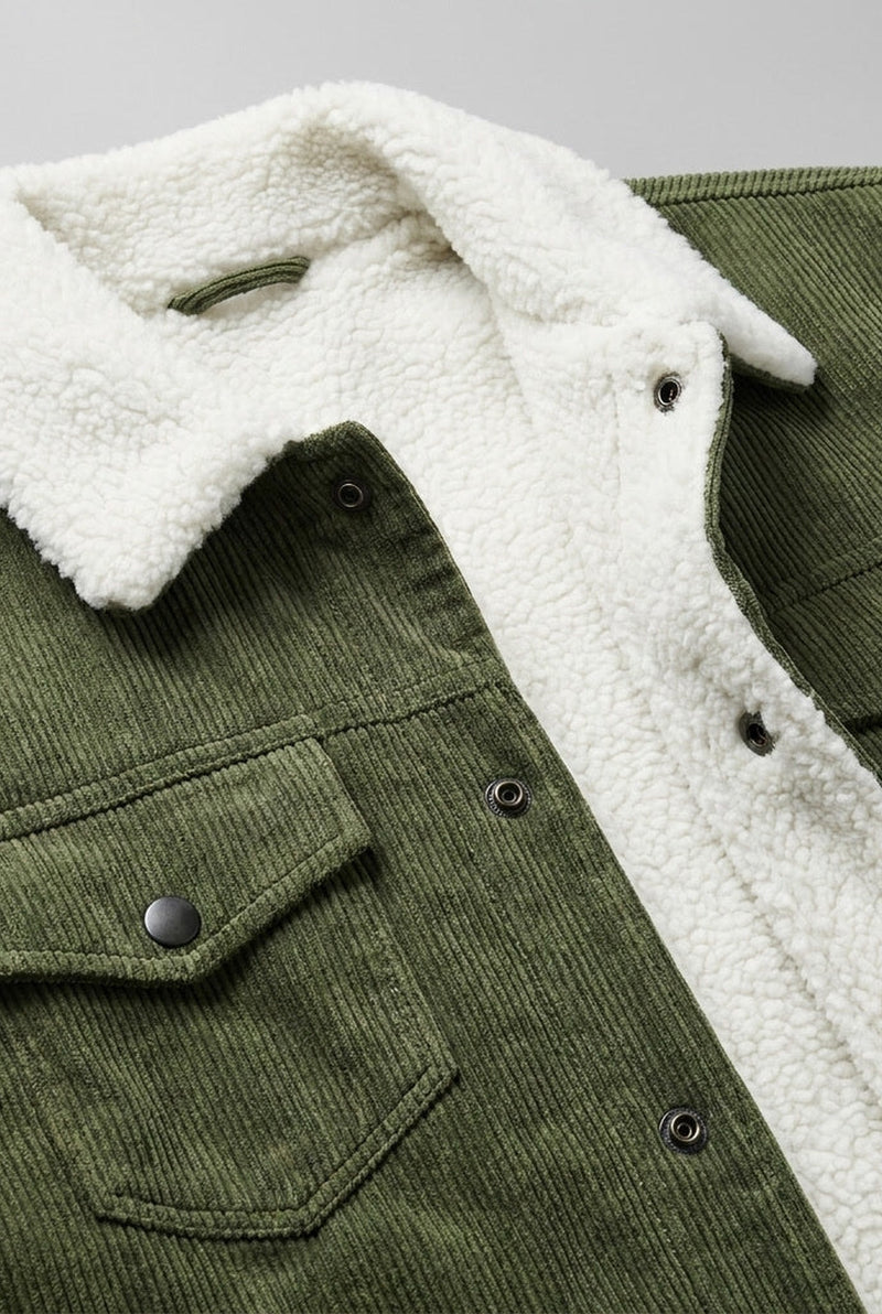 Corduroy Sherpa-Lined Trucker Jacket in Green — back