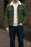 Corduroy Sherpa-Lined Trucker Jacket in Green — detail