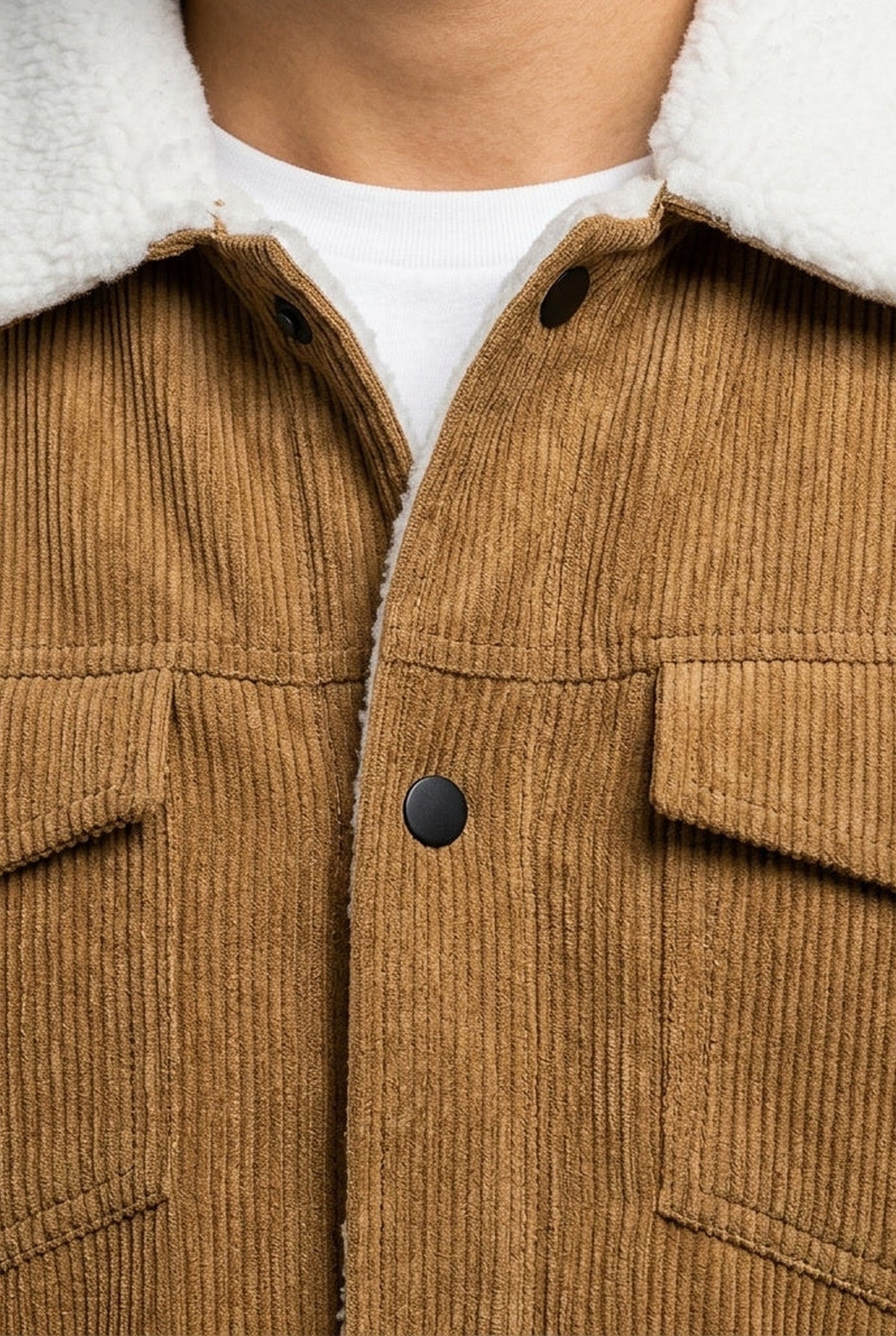 Corduroy Sherpa-Lined Trucker Jacket in Green — detail