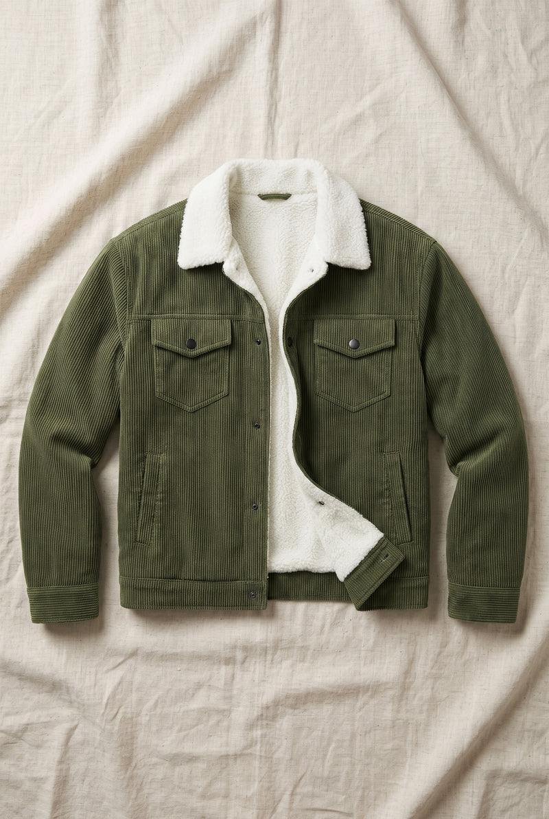 Corduroy Sherpa-Lined Trucker Jacket in Green — Stilenza main image