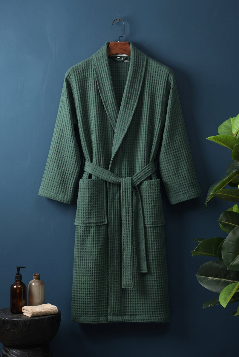 Cotton Waffle Bathrobe in Green — studio front