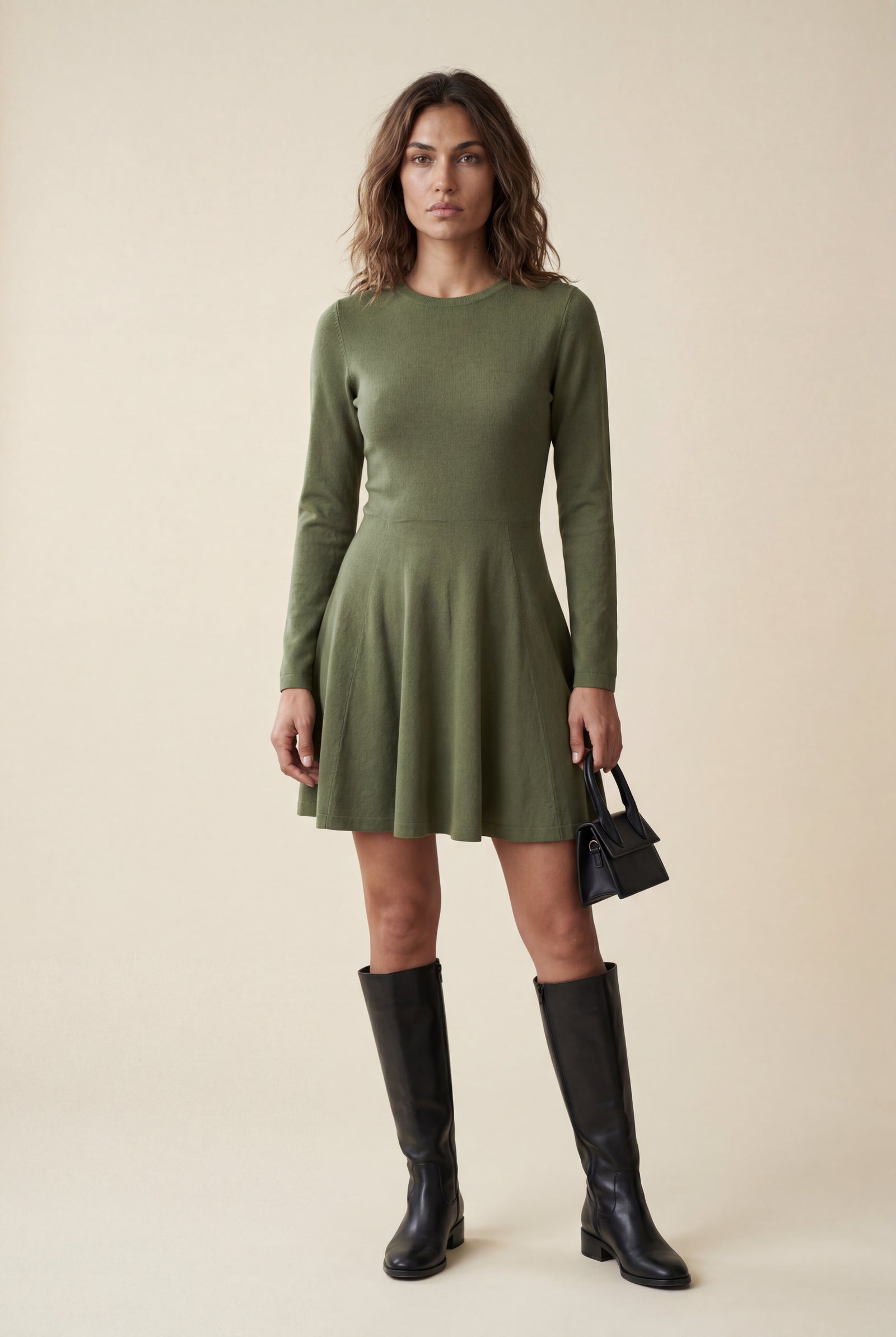 Green Crew Neck Long Sleeve Fit and Flare Mini Dress - Photo 1