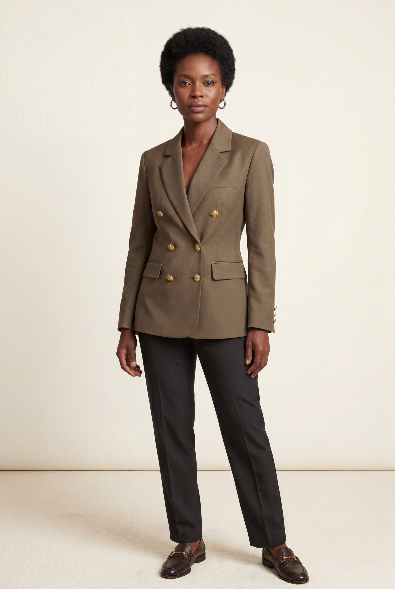 Green Double-breasted Fitted Blazer with Gold Buttons - Photo 4