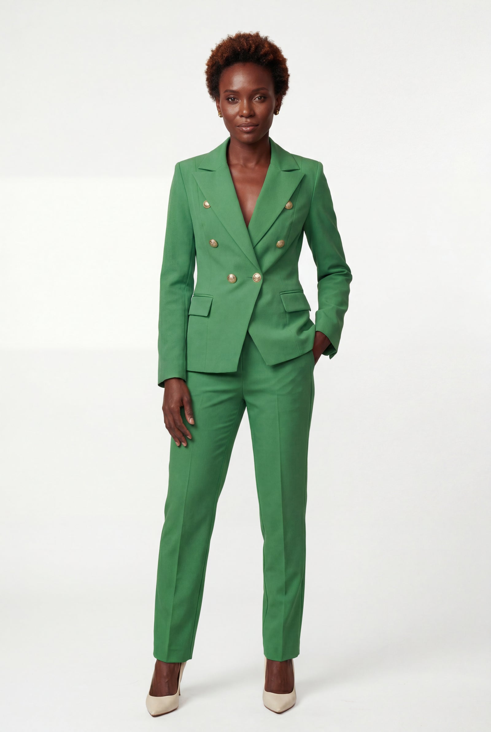 Green Double-breasted Fitted Jacket and Slim Trouser Suit Set - Photo 24