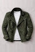 Double-Breasted Suede Pea Coat in Green — front view
