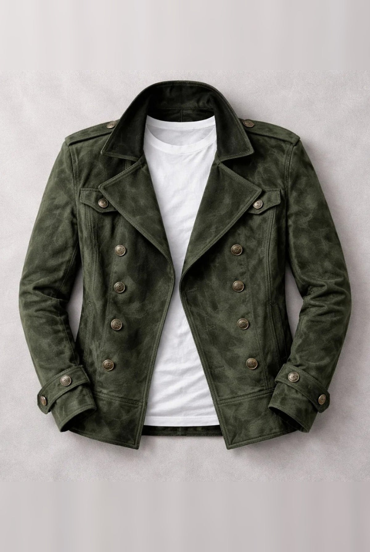 Double-Breasted Suede Pea Coat in Green — front view