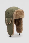Faux Fur Lined Trapper Hat in Green — studio front