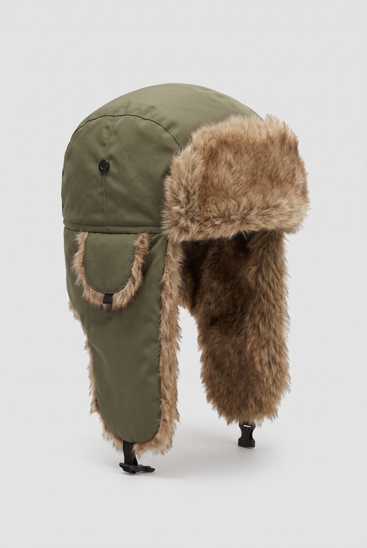 Faux Fur Lined Trapper Hat in Green — studio front
