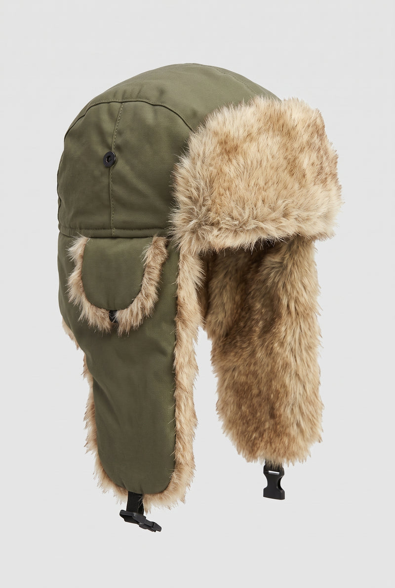 Faux Fur Trapper Hat in Green — studio front