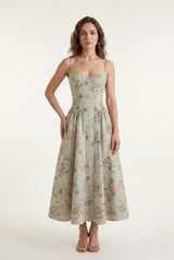 Green Floral Corset Bodice Midi Dress with Spaghetti Straps - Photo 1