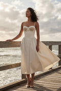 White Floral Corset Bodice Midi Dress with Spaghetti Straps - Photo 13