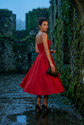 Red Floral Corset Bodice Midi Dress with Spaghetti Straps - Photo 17
