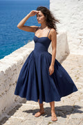 Navy Blue Floral Corset Bodice Midi Dress with Spaghetti Straps - Photo 18
