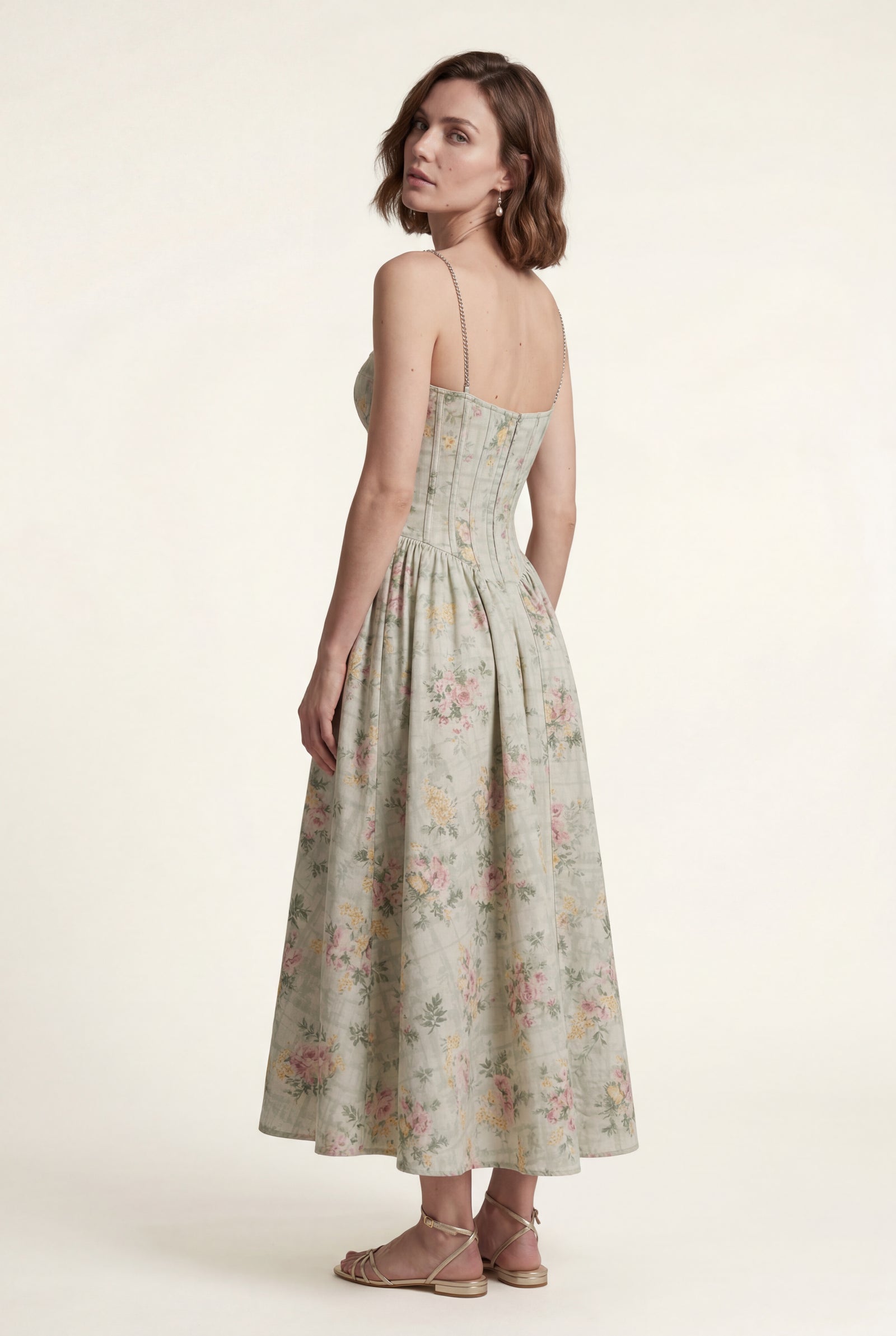 Green Floral Corset Bodice Midi Dress with Spaghetti Straps - Photo 2