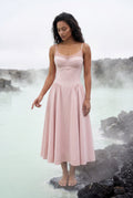 Pink Floral Corset Bodice Midi Dress with Spaghetti Straps - Photo 26