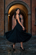 Black Floral Corset Bodice Midi Dress with Spaghetti Straps - Photo 7