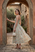 Green Floral Corset Bodice Midi Dress with Spaghetti Straps - Photo 9