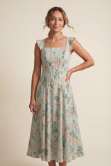 Green Floral Square Neck A-line Midi Dress with Flutter Straps - Wedding dress - Photo 1