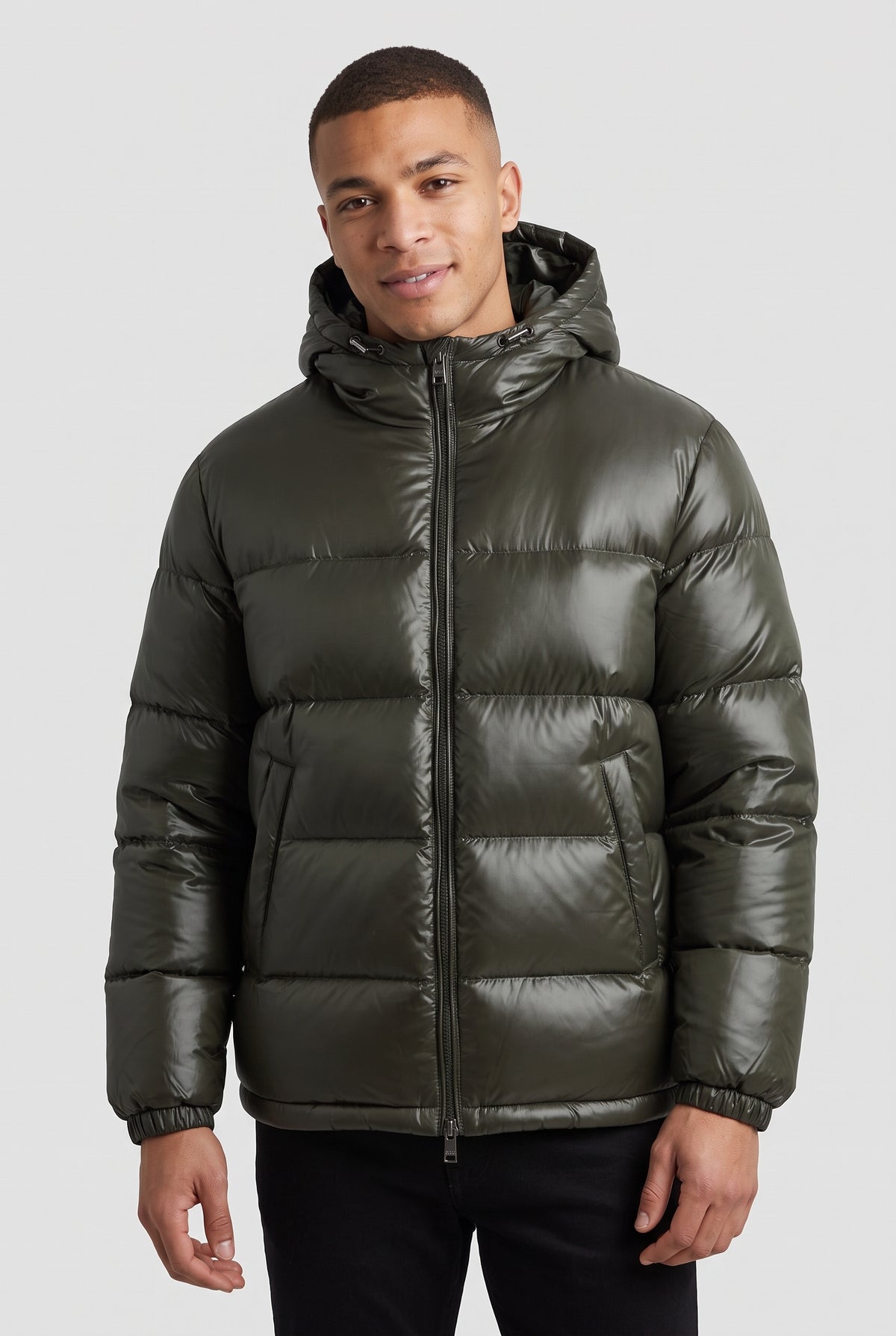 Glossy Hooded Puffer Jacket in Green — studio front