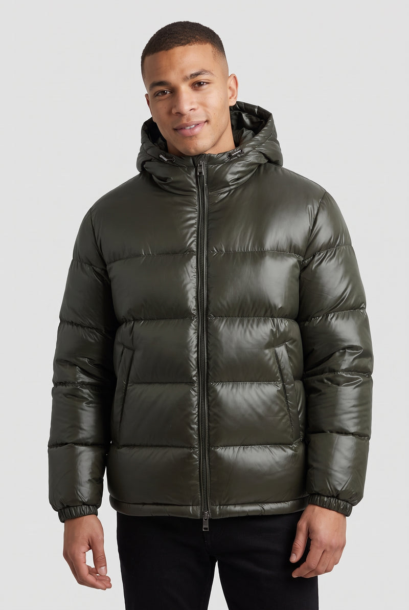 Glossy Hooded Puffer Jacket in Green — studio front