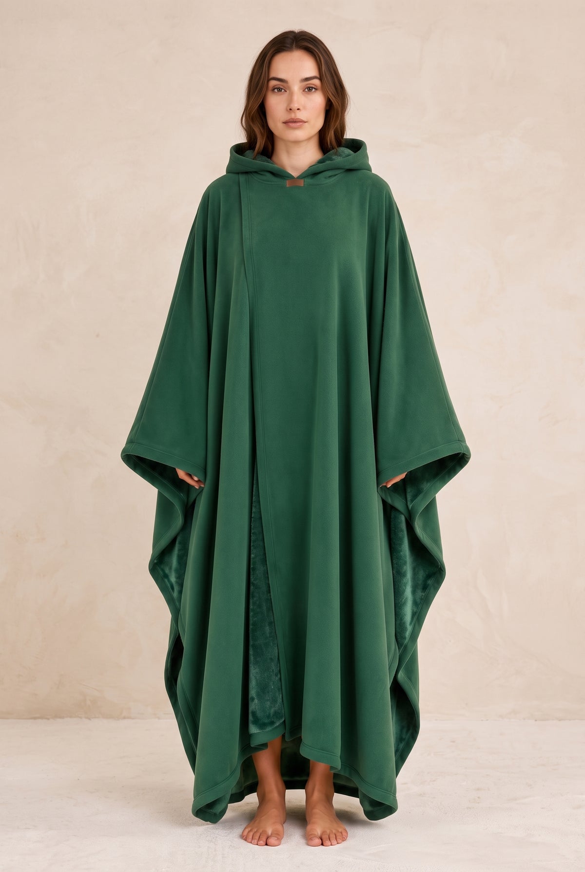 Hooded Cape with Wide Openings in Green — studio front