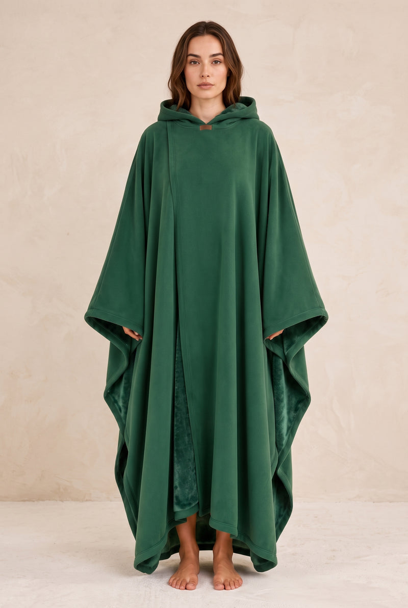 Hooded Cape with Wide Openings in Green — studio front