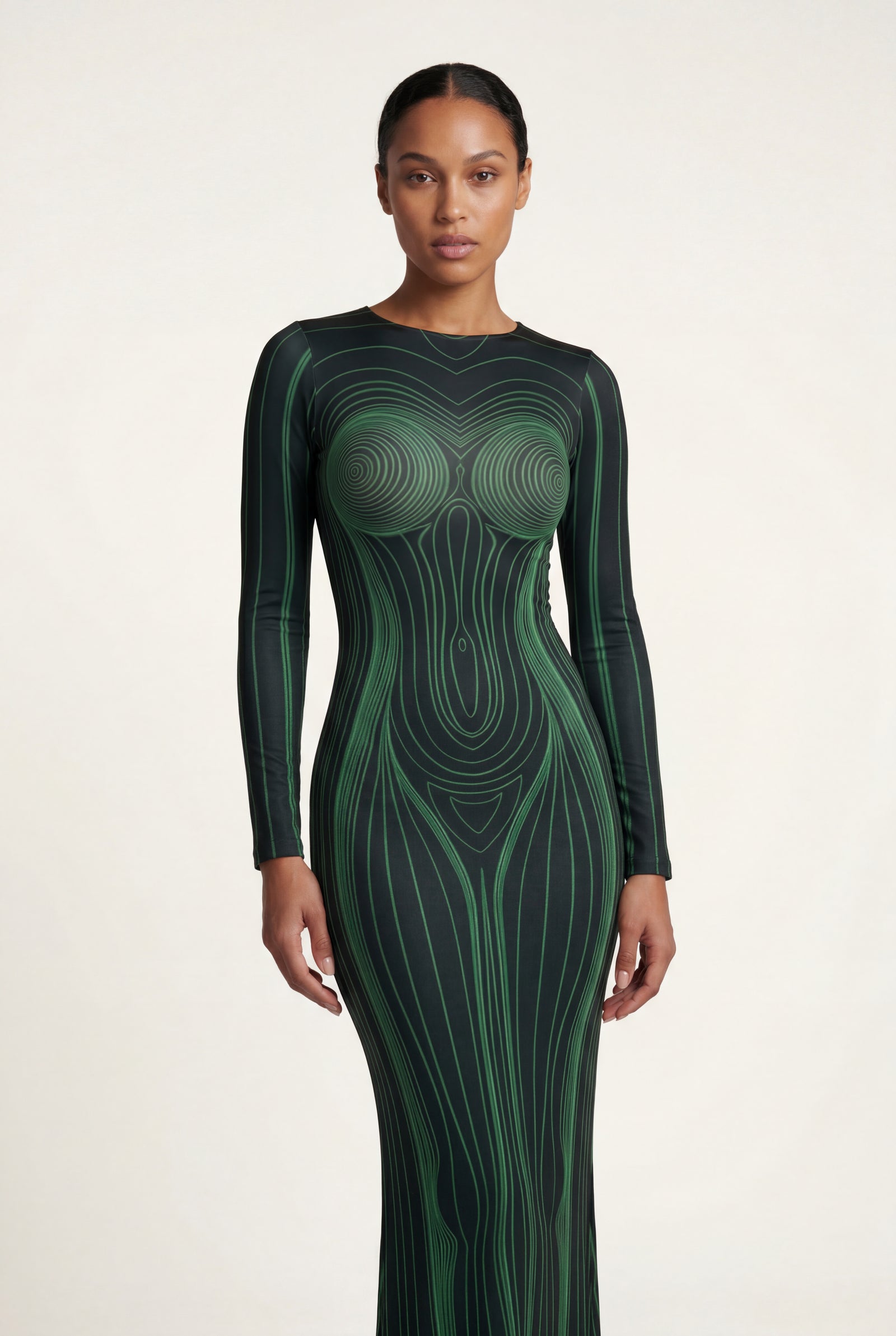 Green Illusion Contour Print Bodycon Maxi Dress - Photo 1