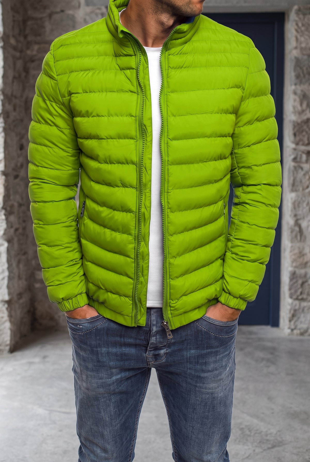 Quilted Puffer Jacket in Green — studio front