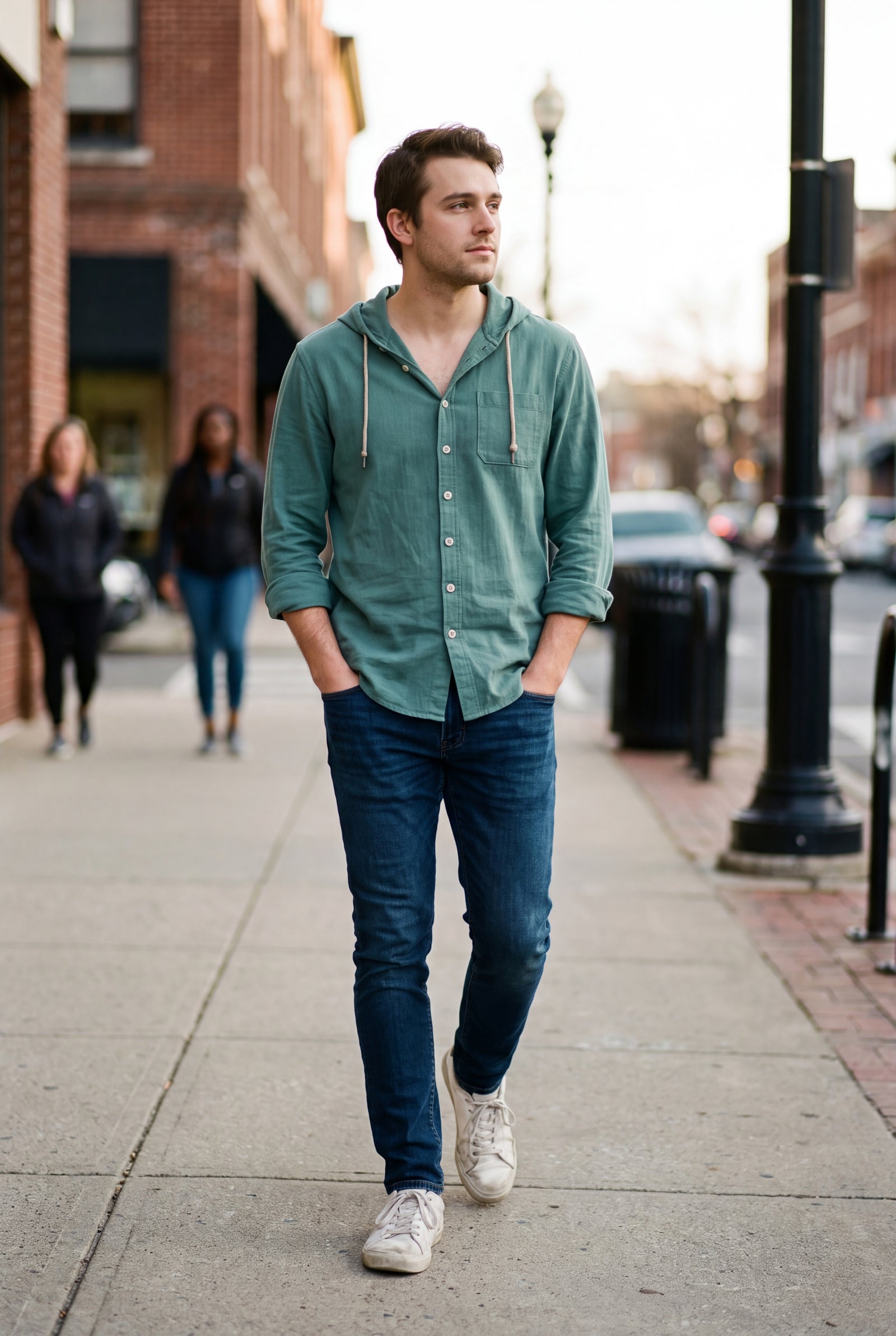 Men's Hooded Shirt Buttoned in Green — lifestyle sidewalk
