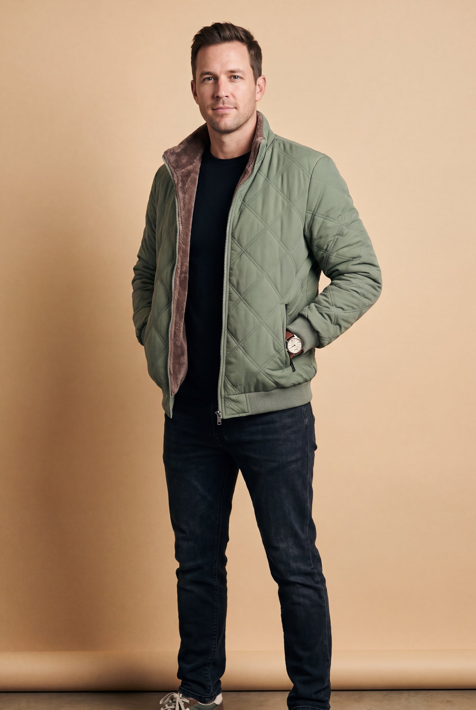 Men's Jacket Quilted Fleece-Lined in Green — primary studio