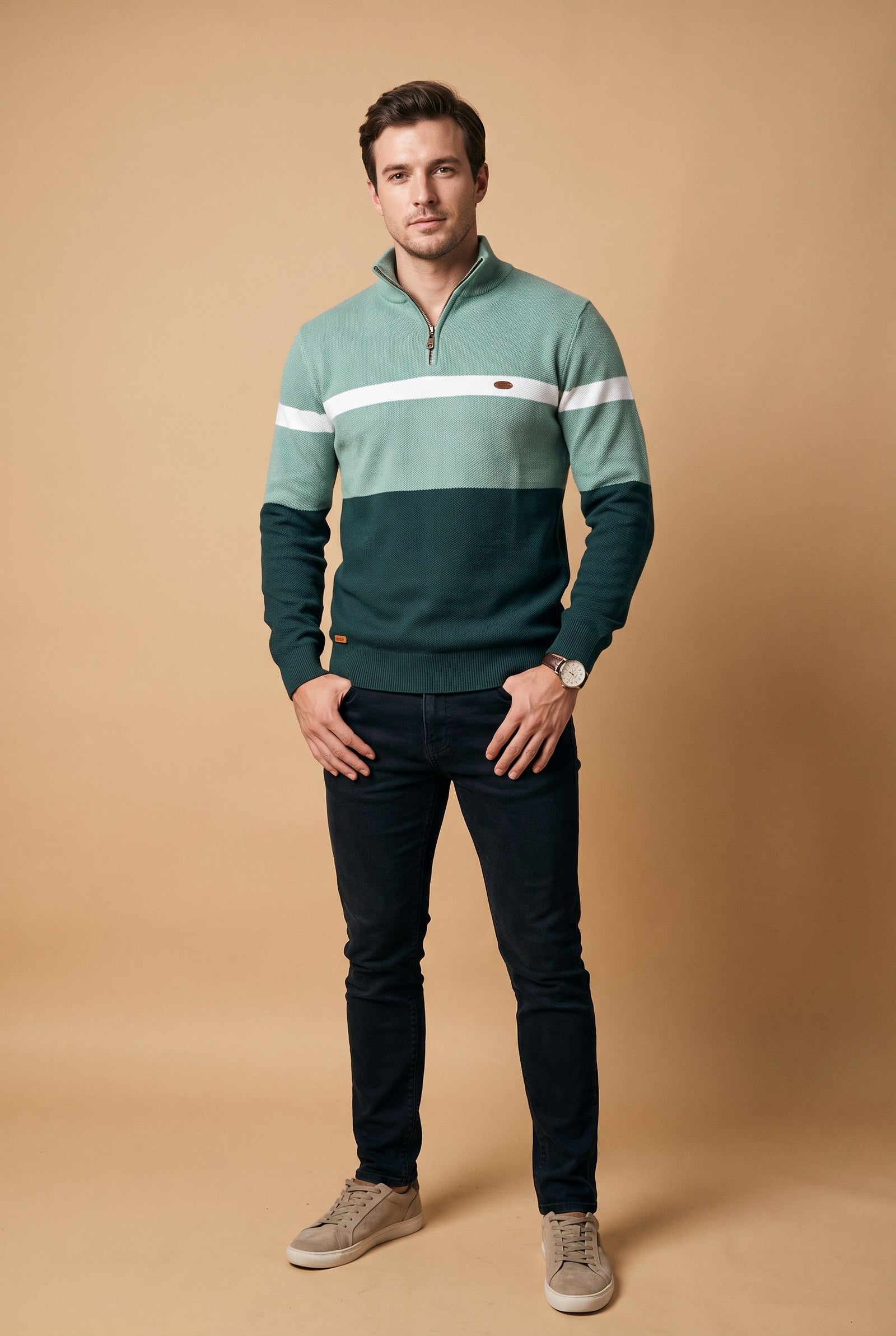 Men's Sweater Half-Zip Colorblock in Green — primary studio