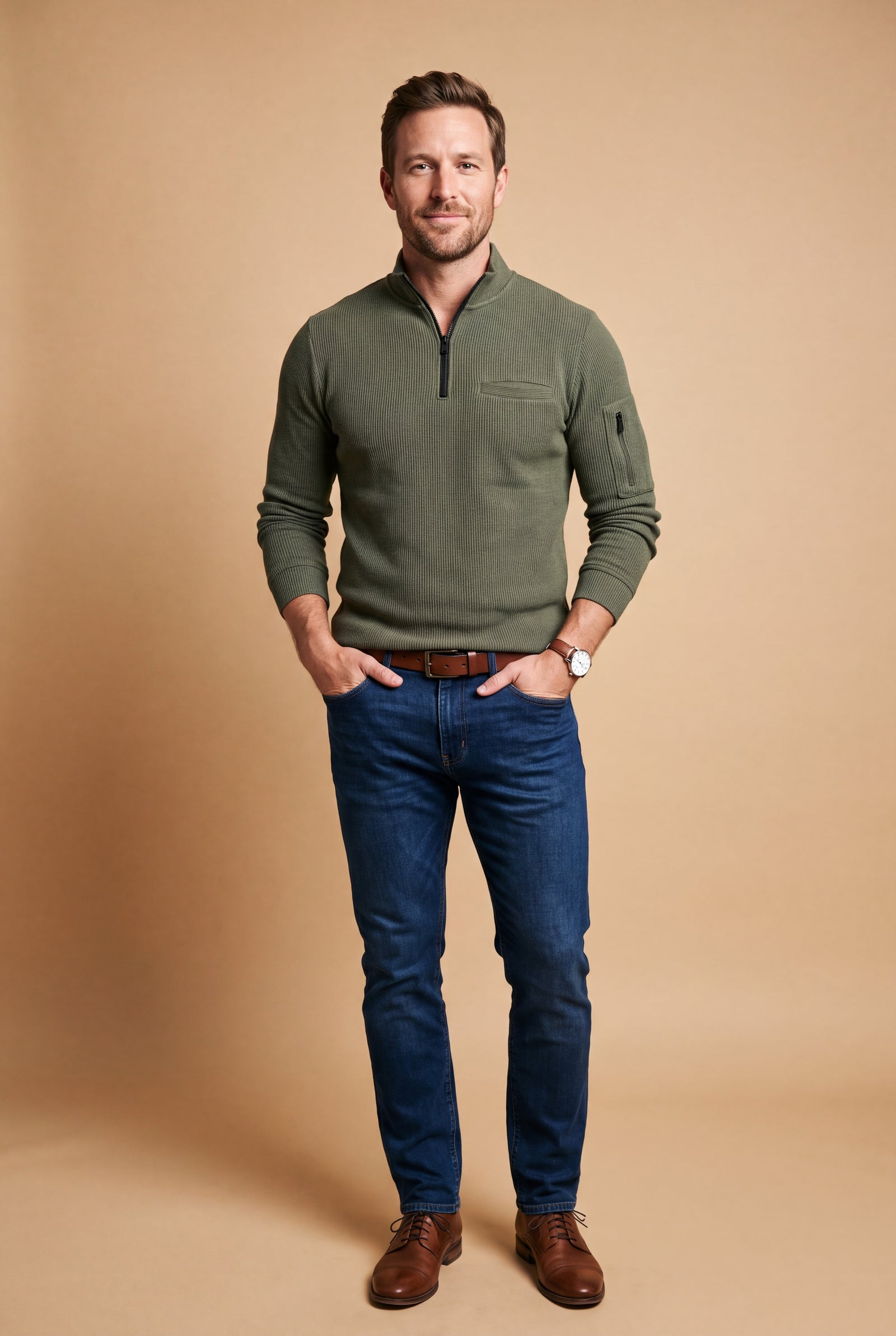 Men's Sweater Half-Zip Stand Collar in Green — primary studio