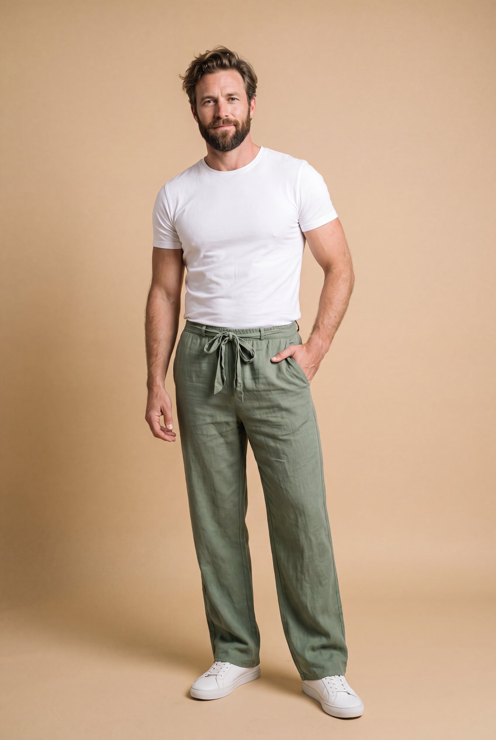 Men's Trousers Wide Leg Drawstring in Green — studio primary