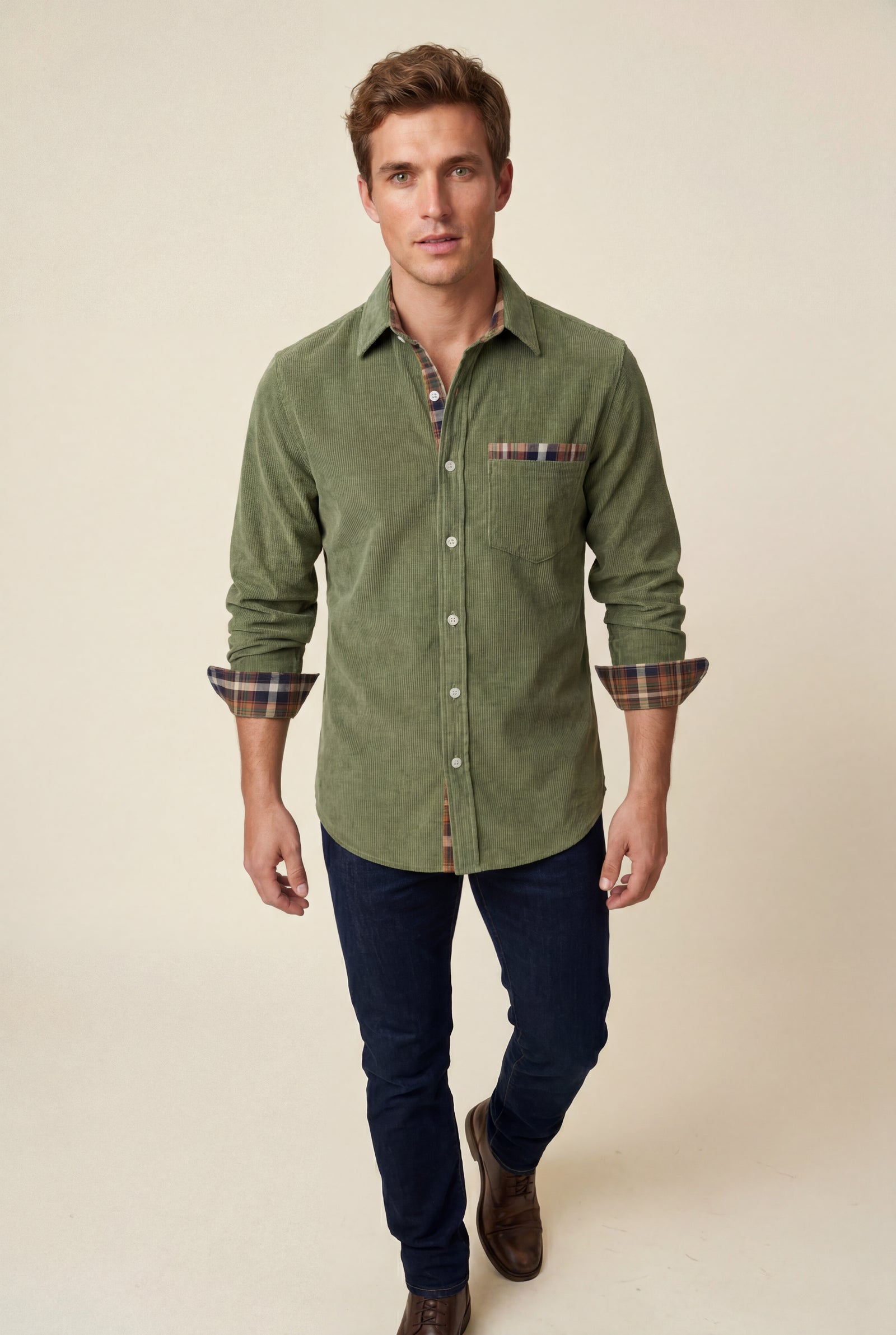 Green Men's Plaid Trim Button-Up Casual Shirt - Photo 11